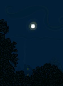 House with Gable and Moon at Night Shadows of Trees by Evan Sklar
