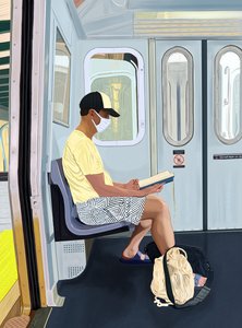 Man in Striped Shorts Reading Book on Subway, c.2020-24 by Evan Sklar