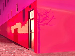 Red Light From Siren and Shadows of Small Tree on Side of Building on 12th Street on Snowy Night by Evan Sklar