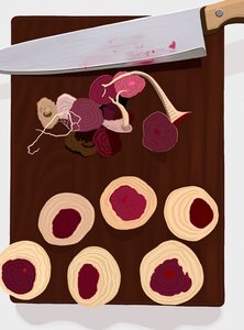 Six Beets On Cutting Board by Evan Sklar