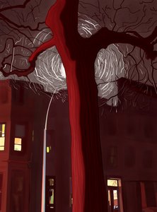 Street and Tree at Night Lit By Sirens and Street Lamp