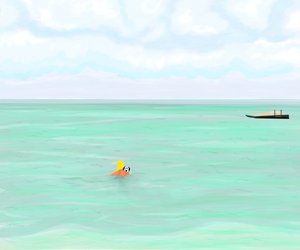 Woman Swimming With Dog In Ocean by Evan Sklar
