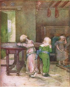 She Took His Blue Pocket Handkerchief and Tied Lucy and Henry to the Table (from the story An Unhappy Day), Illustration from A Staircase of Stories Published by Thomas Nelson & Sons Ltd 1940s
