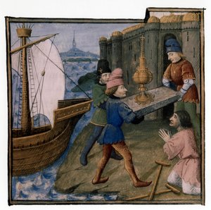 Arthurian Legend: Galaad, Perceval and Bohort Bringing the Holy Grail in Palestine