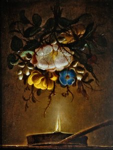 A still life with a bouquet of flowers hanging near a candle by Evert van Aelst