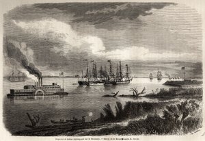 Ship and tug boat on the Mississippi, drawing by Evremond Auguste de Berard, to illustrate the voyage to New Orleans in 1855 by Elysee Reclus. Engraving in Le tour du monde, nouveau journal des voyages