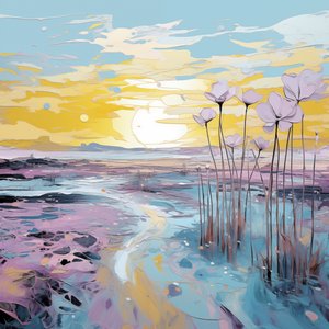 Abstract Purple Flowers in Sunset Landscape by F. Abderrahim