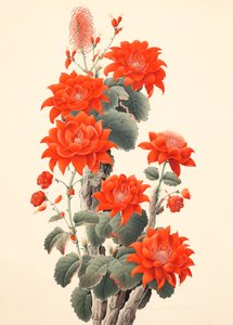 Abstract Cactus with Flowers, Japanese Woodblock