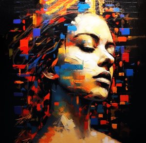Abstract painting female portrait profile black background by F. Abderrahim