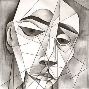 Abstract Primitive Pencil Drawing Depicting a Melancholic Facial Portrait by F. Abderrahim