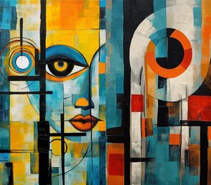 Beautiful Cubist Painting, Female Face in Vivid Colors