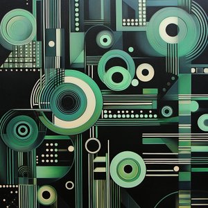Complex Geometric Painting on Dark Black Background by F. Abderrahim