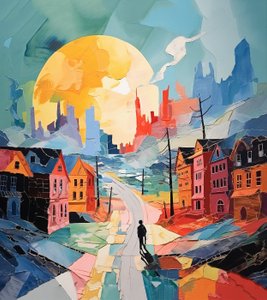 Snowy Day in Old Town, Surrealism Winter Landscape
