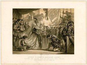 Queen Elizabeth Knighting Drake on board the Golden Hind, April 4th 1581, 19th century