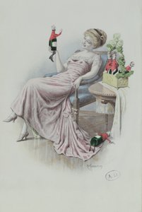 Postcard Depicting a Woman with Bottles of Champagne in the Shape of Men by F. Kuderna