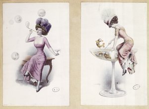 Postcards Depicting a Woman Blowing Bubbles & Fishing in a Champagne Glass, c.1900 by F. Kuderna