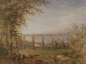 A Brick and Timber Railway Viaduct with Steam Train