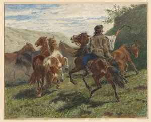 Hungarian Rider Drives Several Horses to the Background