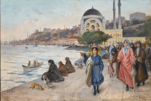 Mafalda on the Banks of the Bosphorus, the Dolmabahce Mosque in the Background by Fausto Zonaro