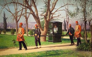 The daughter of the English ambassador riding in a palanquin