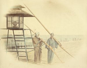 Two Men with Oars Standing Next to a Lantern