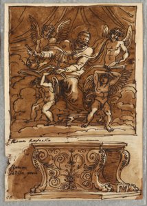 Pope Gregorio VII and Four Angels, Study after Raphael "Persons of the Papacy"; Antique Bench by Felice Giani