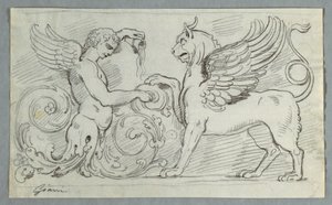 Sculptured Frieze with Half-Figure of Winged Boy and Griffon by Felice Giani
