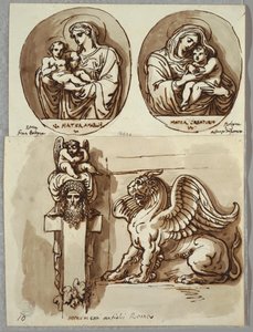 Two Drawings of the Madonna and Child in Ovals, Studies after Giambologna and Alfonzo da Ferrero; Herm and Chimera, after Antique by Felice Giani