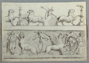 Two Friezes with Rams, Candelabra, Trophies and Putti by Felice Giani