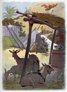 Robinson Crusoe home with his animals
