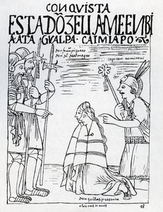 Captain Ruminavi presents Francisco Pizarro and Diego de Almagro with two women by Felipe Huaman Poma de Ayala