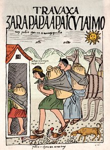 Inca Empire: Inca peasants working in the fields in July - Ink drawing from Don Felipe Puma de Ayala