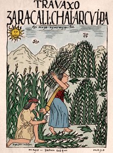 Inca Empire: Inca peasants working in the fields in May (Ink drawing from Don Felipe Puma de Ayala