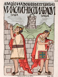 Inca Empire: Incas building attics, public and religious buildings (Ink drawing from the manuscript 