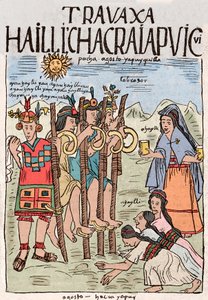 Inca Empire: the beginning of the field work in August, the occasion of a great popular feast. Ink drawing from the manuscript 