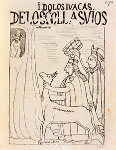 Inca offering llama to idols (Engraving)
