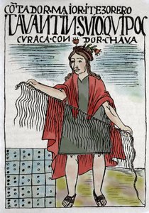 Quipu Inca accounting system in rope and knots, Inca culture 1400-1532 AD, manuscript by Felipe Guaman Puma de Ayala, Indian columnist of the 16th century.