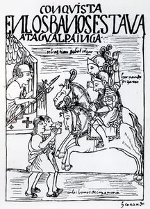 Sebastian de Benalcazar and Hernando Pizarro Confront Atahualpa Inca at the Royal Baths in Cajamarca