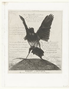 Magpie Standing with Outstretched Wings and Quill on a Globe with Map of Paris