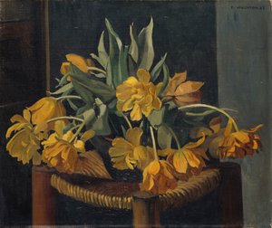 Double Yellow Tulips on a Wicker Chair