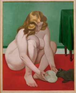 Crouching Woman Offering Milk to a Cat by Felix Edouard Vallotton