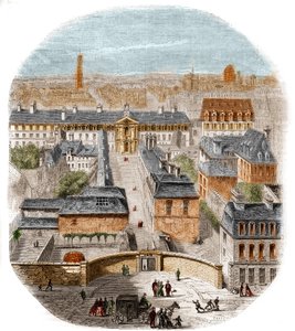 View of the Gobelins tapestry factory in Paris, with the Capuchins convent, the Observatory and the castle of the Queen Blanche. Engraving by Thorigny by Felix Thorigny