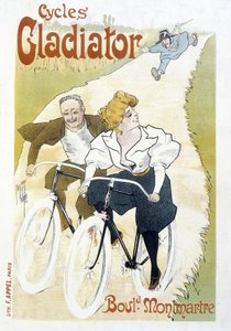 Bike Couple Chased by a Constable - Advertising for Gladiator Cycles, by Misti, c.1895