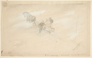 A Sled Seen from Above, Pulled by a Horse, with Two Seated Persons and One Standing Beside, All Seen from Behind by Ferdinand Kjerulf Tranaas