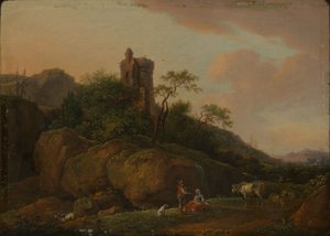 Castle Ruins with Shepherd and Herd by Ferdinand Kobell