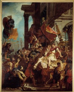 The Justice of Trajan. A widow whose son was killed seeks justice from Emperor Trajan (Marcus Ulpius Trajanus, 53-117) leaving for war. Illustration of the Purgatory in 
