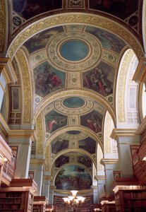 View of the Coffered Library Ceiling with Gilded Stucco Framework Surrounding Spandrels Illustrating Biblical and Classical Scenes, 1844