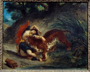 Young woman taken away by a tiger or Indian bitten by a tiger