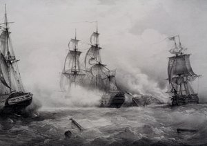 Fighting between British and American third-rate sailing ships with 74 guns, lithograph by Ferdinand Perrot by Ferdinand Victor Perrot