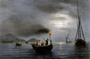 Night fishing by fishing lamp, Colored lithograph by Ferdinand Perrot